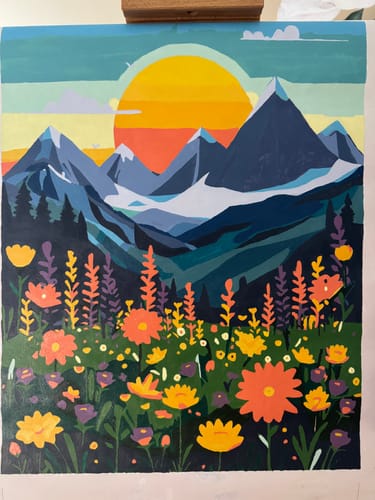 Customer's completed 'Colorful Landscape 4' paint-by-numbers canvas showing a colorful mountain landscape with a field of flowers.