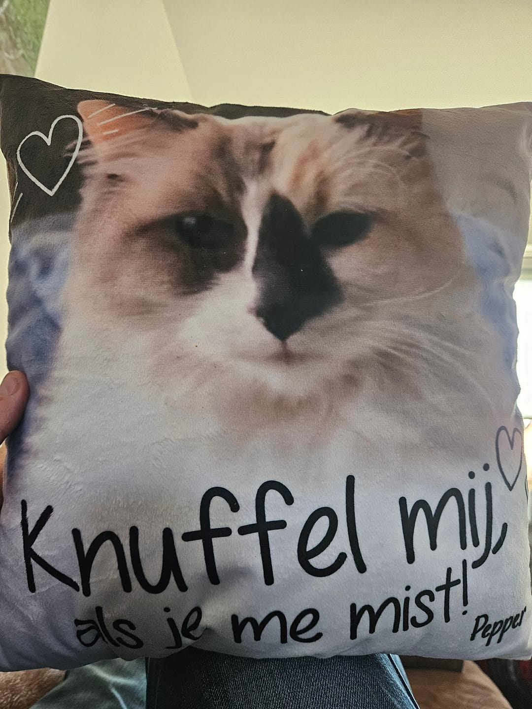 Customer photo review of Knuffel mij als je me mist - Gepersonaliseerde kussen