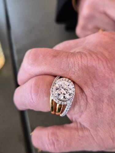 Customer photo review of Fancy Halo Moissanite Three Split Shank Pave Two Tone Engagement Ring