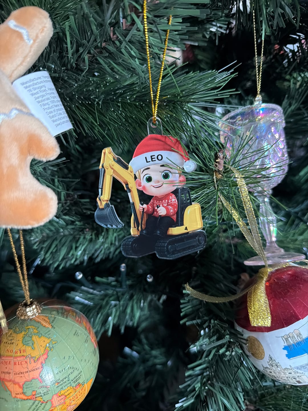 Customer photo review of 3D Effect Little Boy Kid With Car Excavator Backhoe Tractor Christmas Personalized Acrylic Ornament