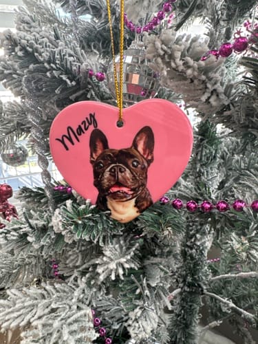 Customer's pink, heart-shaped ceramic pet ornament with a photo of their dog Mazy hanging on a Christmas tree.
