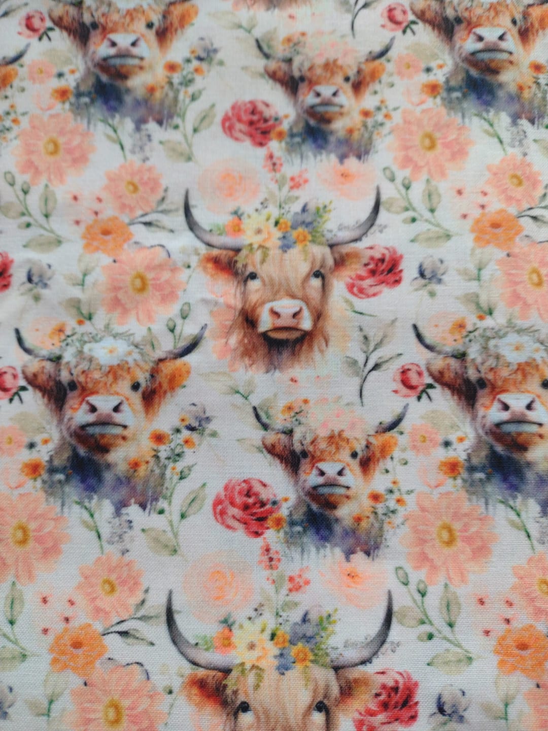 Customer photo review of Watercolor Highland Cows & Flowers Fabric