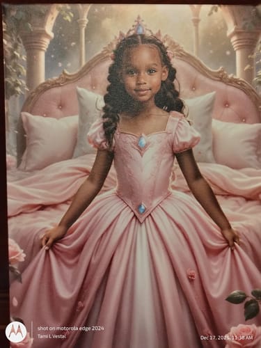 Customer's 'Sleeping Beauty’s Enchanted Slumber' portrait showing a young girl as a beautiful princess in a pink gown.