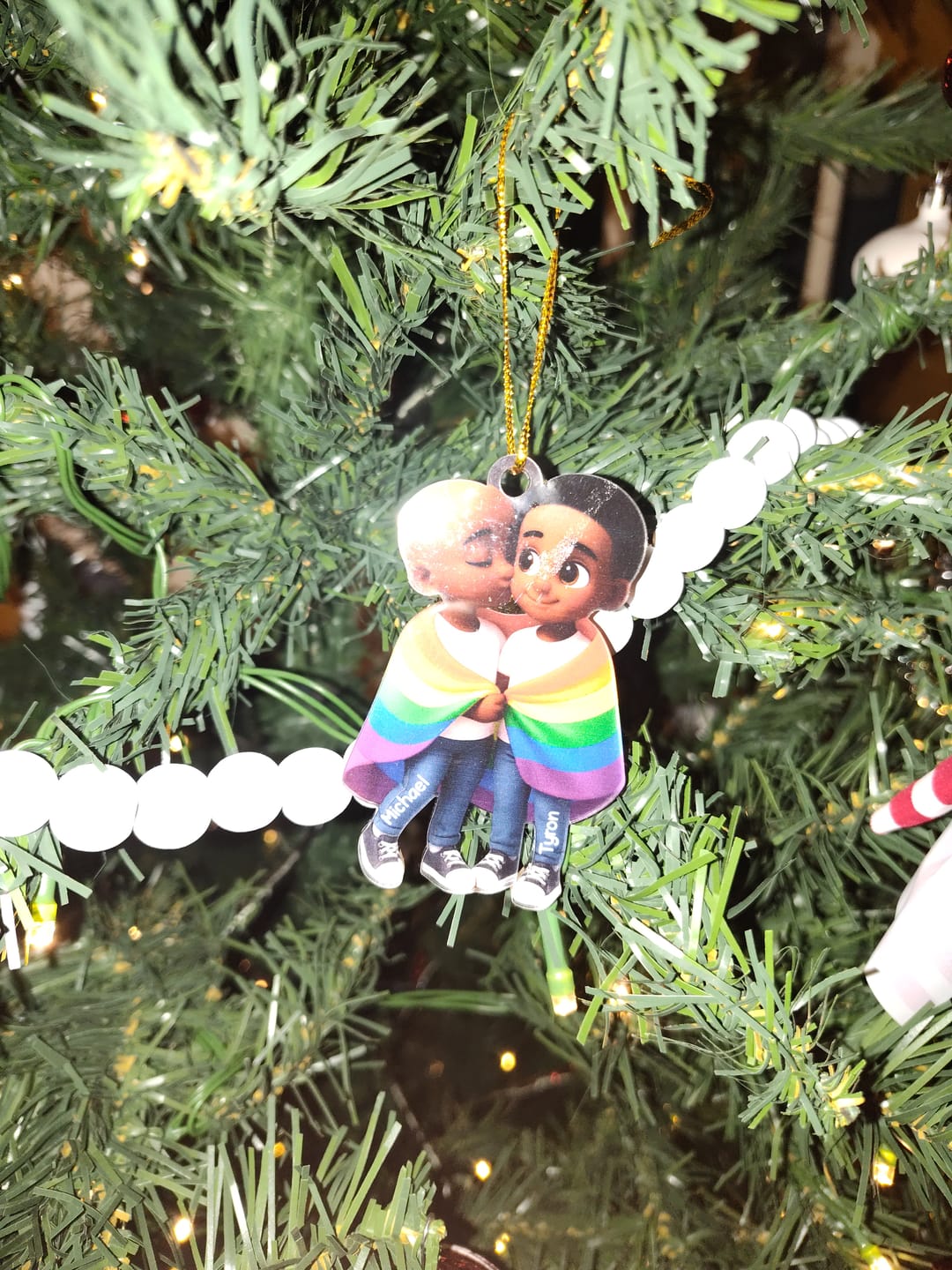 Customer photo review of Pride Month LGBT Couple Love Is Love Personalized Acrylic Christmas Ornament
