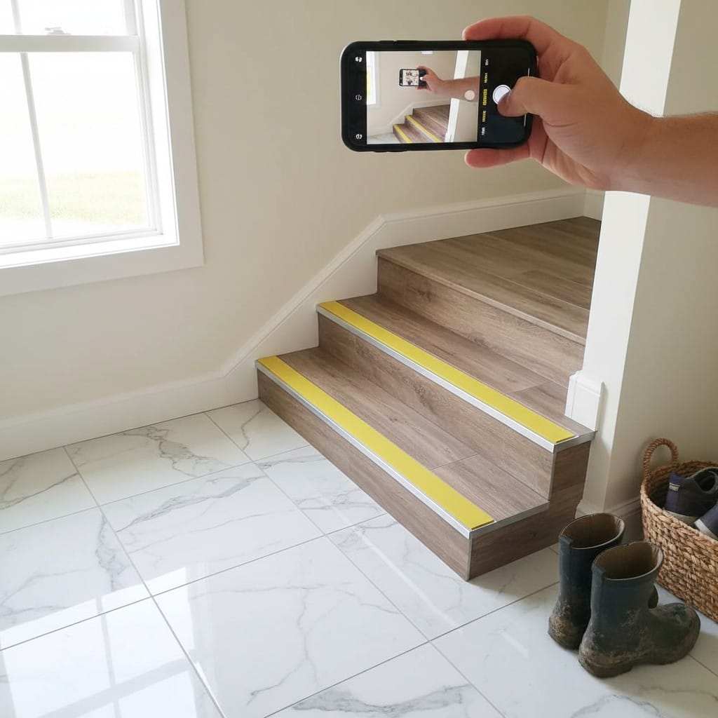 Customer photo review of Rake Back Single Channel Aluminium Stair Nosing Ramp Back Profile 2.44m Length Slip-Resistant PVC Inserts For Vinyl, LVT, Wood Flooring
