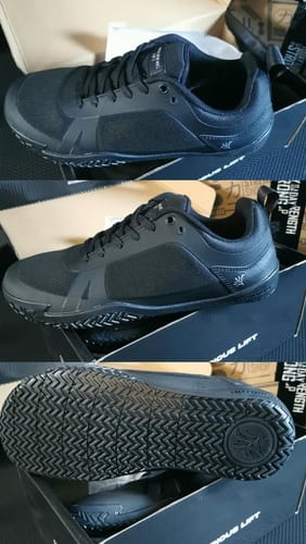 Customer's photo collage of the black Notorious Lift Radix shoes, showing the side profile and the detailed tread on the sole.