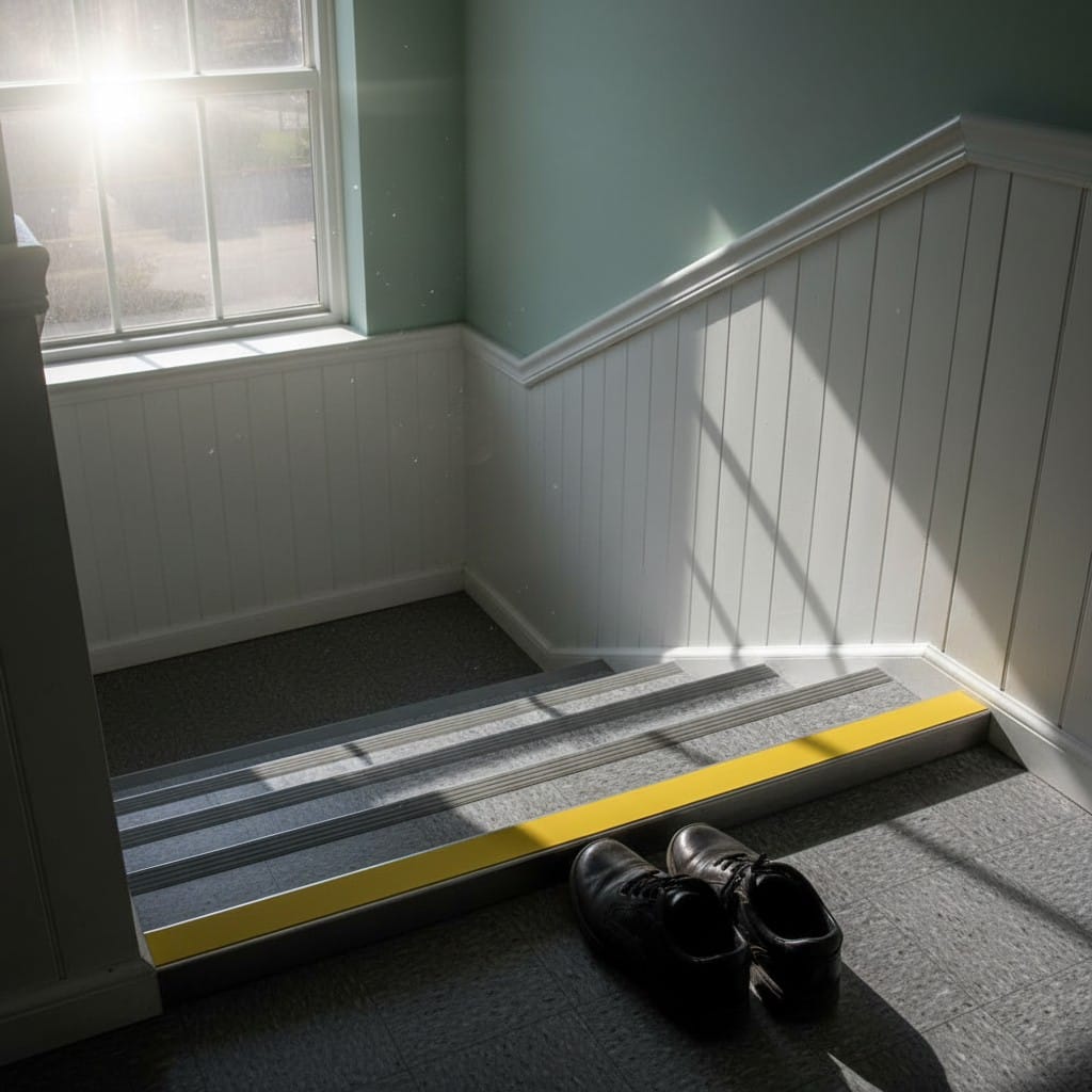 Customer photo review of Rake Back Single Channel Aluminium Stair Nosing Ramp Back Profile 2.44m Length Slip-Resistant PVC Inserts For Vinyl, LVT, Wood Flooring