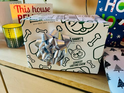 Packaging for Smoked Beef Marrow Bone wrapped as a gift with a large silver bow.