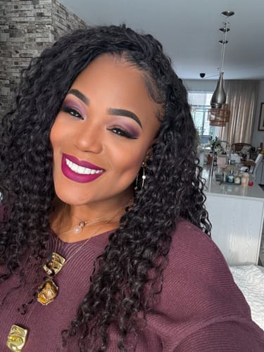 Reviewer smiling, showing their full Human Crochet Hair Water Wave style after one month of wear.