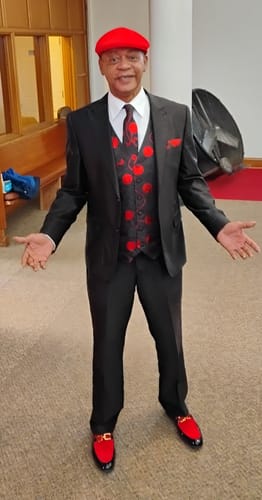 Customer photo review of Ties2you Red Floral Suit Vest Black Men's Dress Waistcoat Tie Hanky Cufflinks Set