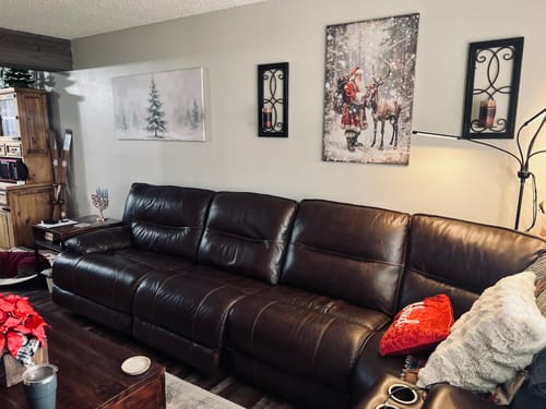 Customer's new Tailored Boost wall hangings displayed above a brown sofa in a living room.