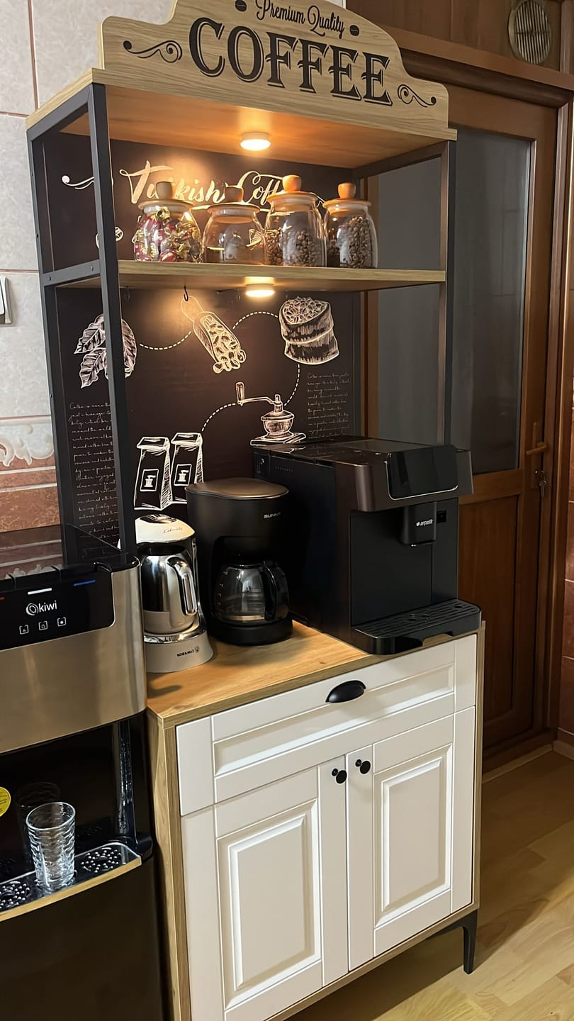 Customer photo review of Rani JE157 Işıklı Kahve Köşesi Membran Kapaklı Çekmeceli Çok Amaçlı Mutfak Dolabı Sepet Ceviz - Beyaz