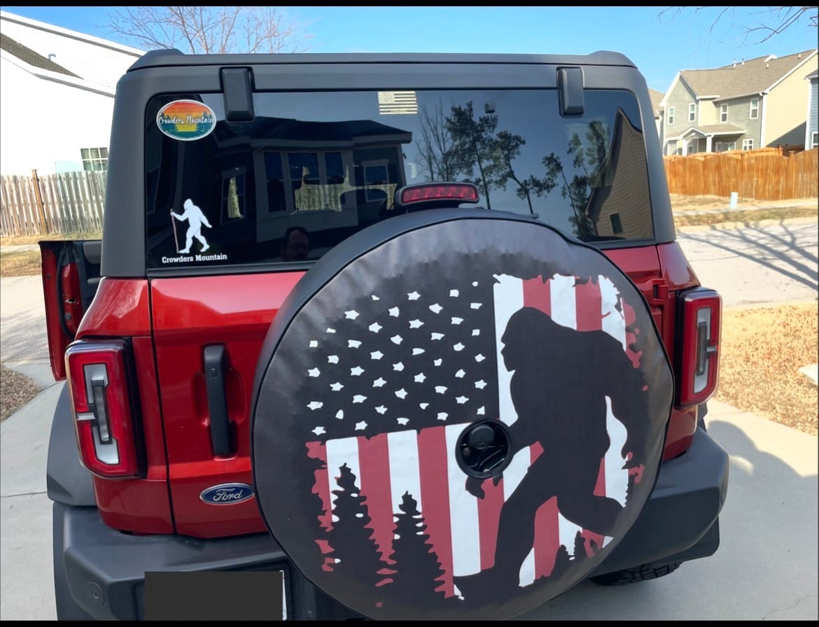 Customer photo review of Bigfoot or Sasquatch American Flag Spare Tire Cover for Bronco, Jeep, Camper, RV, & More