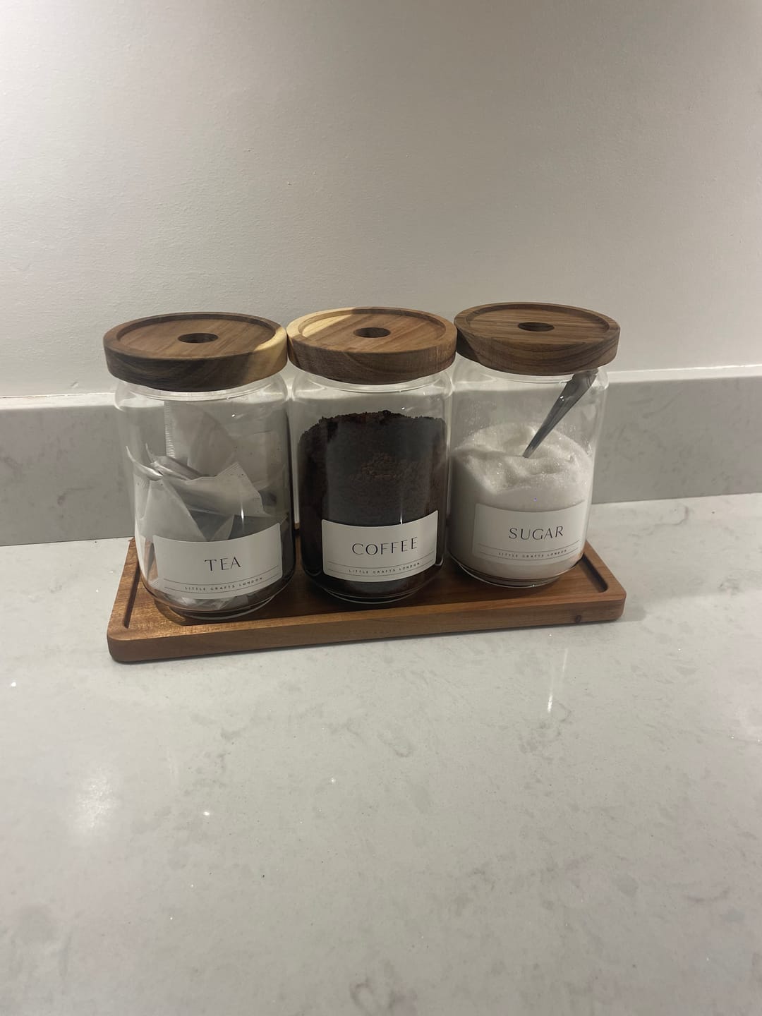 Customer photo review of Set of 3 Acacia Glass Jars Tea, Coffee and Sugar 750 ML & Rectangle Tray [LABEL SLIM]
