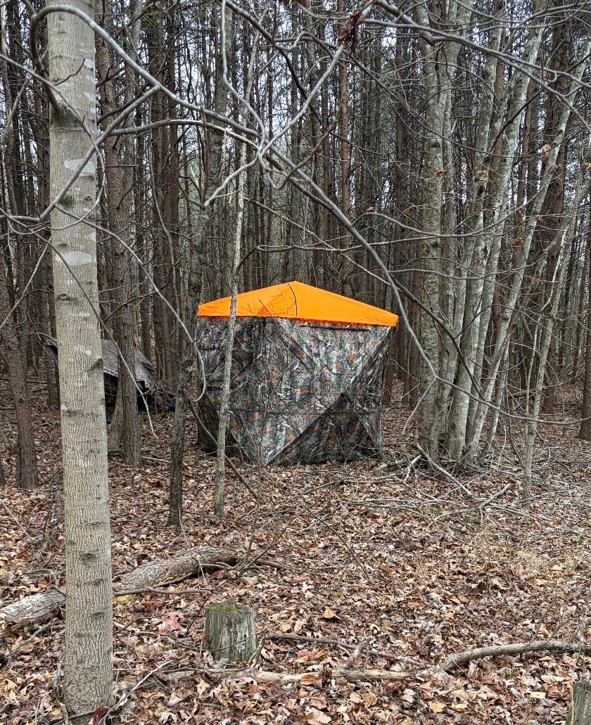 Customer photo review of VisMaster 3-4 Person See Through Hunting Blind | 270° Portable Pop Up Deer Blinds | Blaze Orange Weatherproof Ground Blind with No-Trip Door