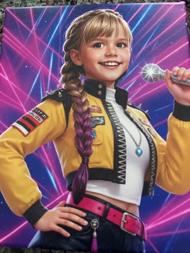 Customer's personalized K-Pop Queen portrait showing a young girl in a yellow jacket singing into a microphone against a vibrant background.