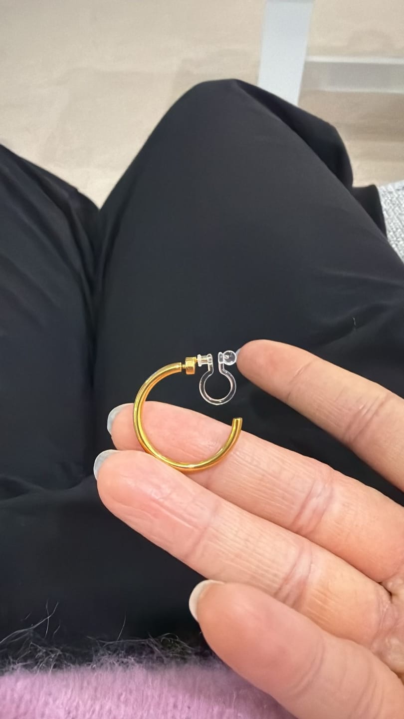 Customer photo review of Medium Thin Hoop Clip On Earrings in Gold