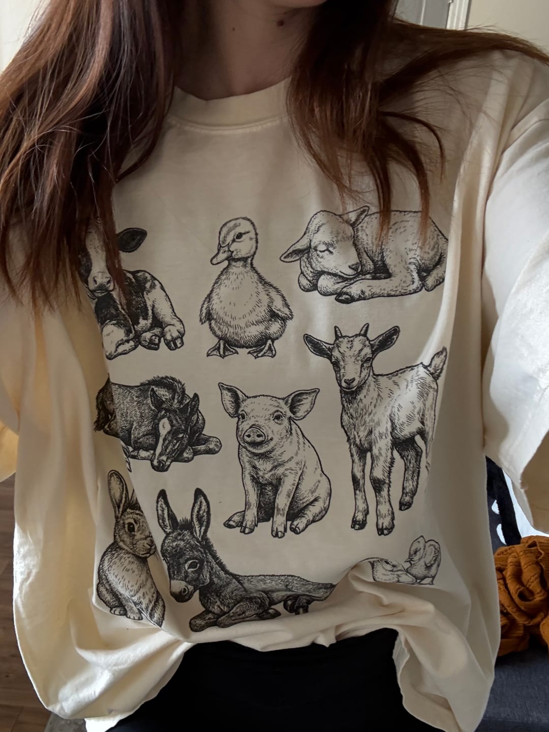 Customer photo review of Farm Baby Animals Illustration T-Shirt | Vintage Sketch Barnyard Pets