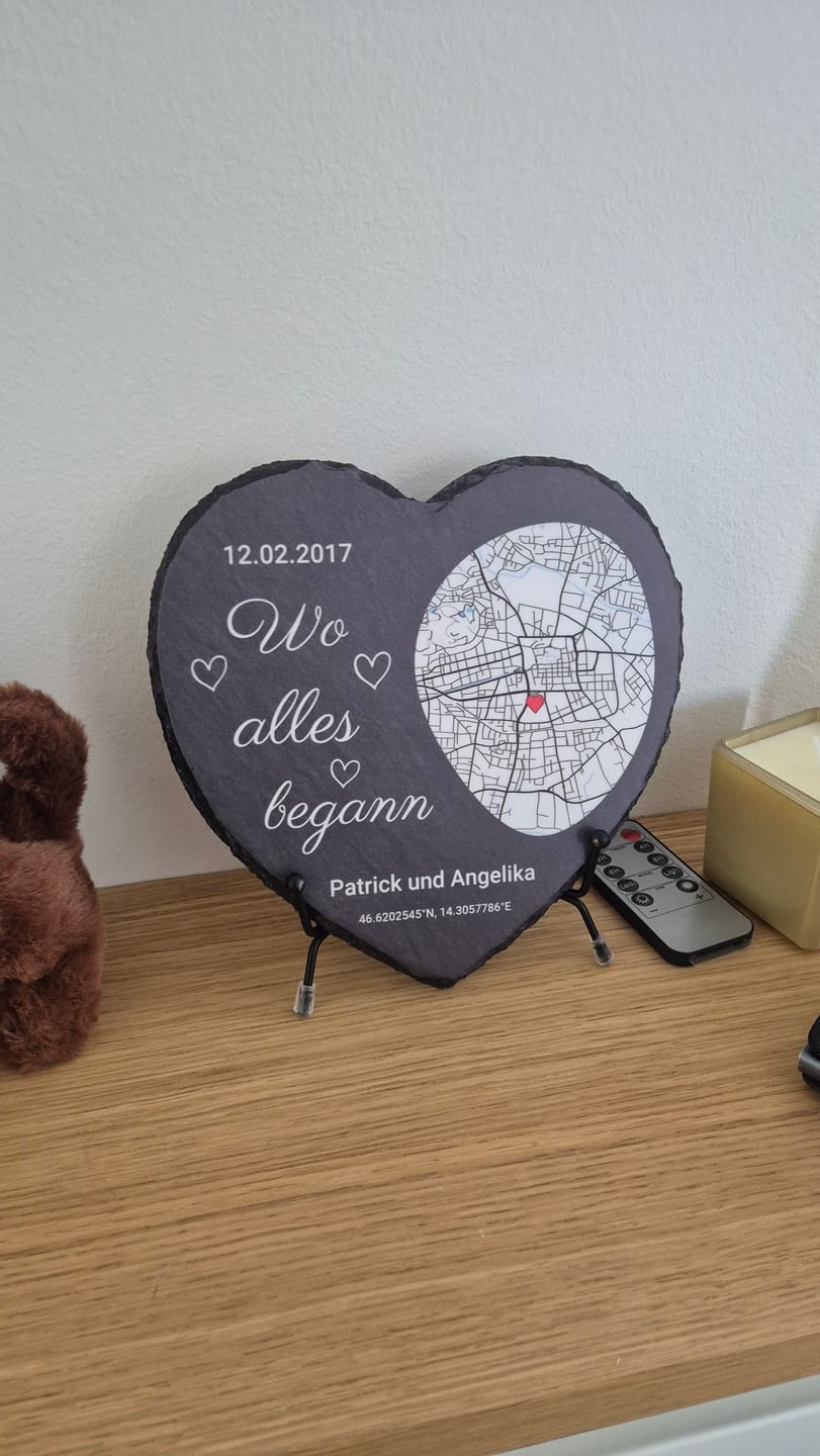 Customer photo review of Wo alles begann - Personalisiertes Schieferherz (15x15)