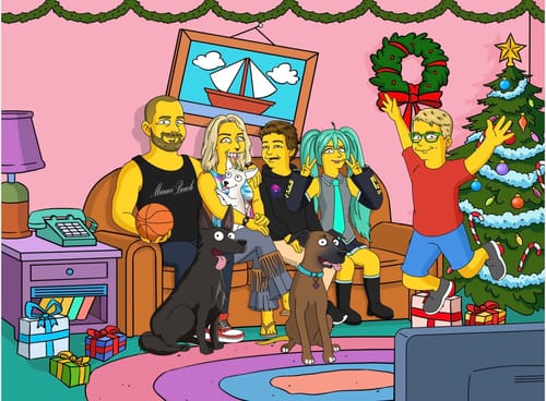 Customer's custom Hand Drawn Digital Portrait featuring a family with pets stylized as yellow characters for Christmas.