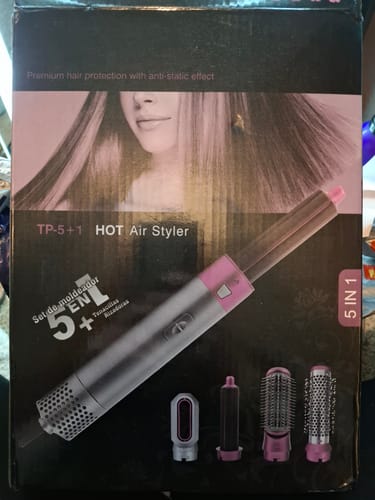 Customer's photo of the product's black packaging, which is labeled 'TP-5+1 HOT Air Styler' and shows the tool.