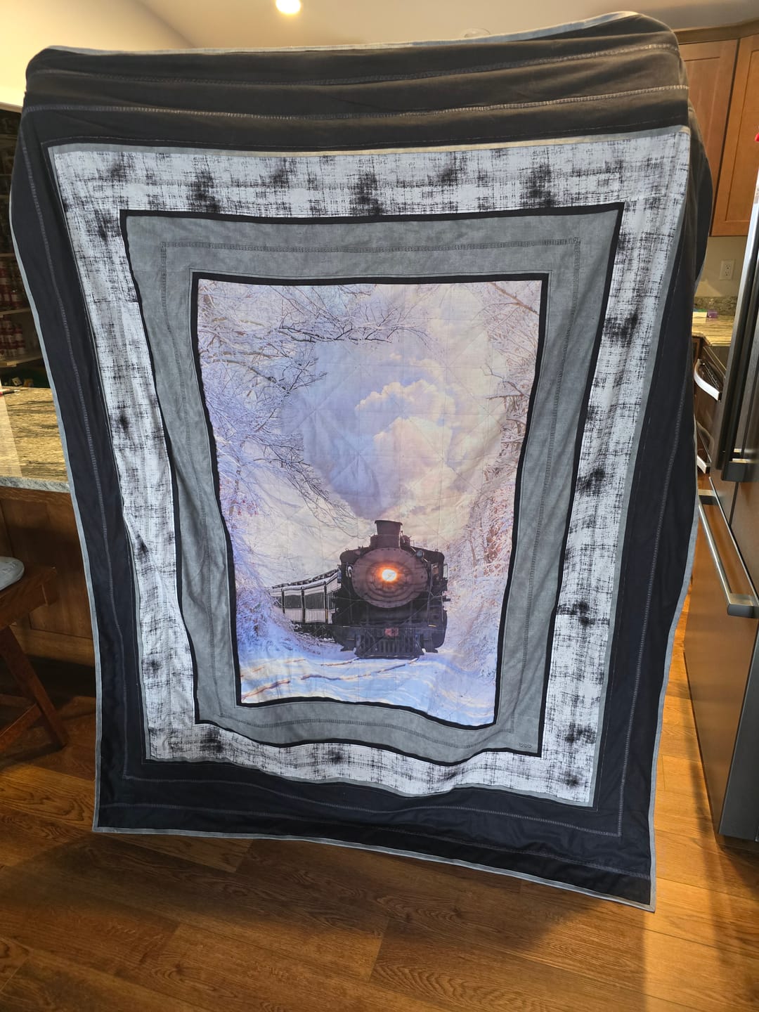 Customer photo review of Realistic Steam Train in Snow Fabric Panel