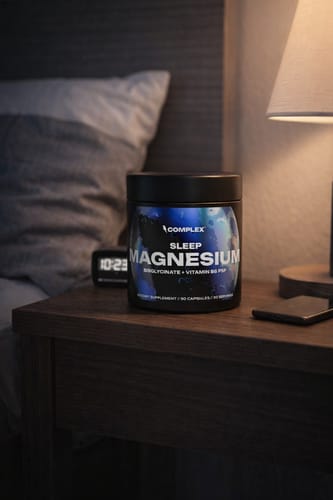 Customer's Complex Sleep Magnesium supplement on a wooden nightstand in a dark bedroom.