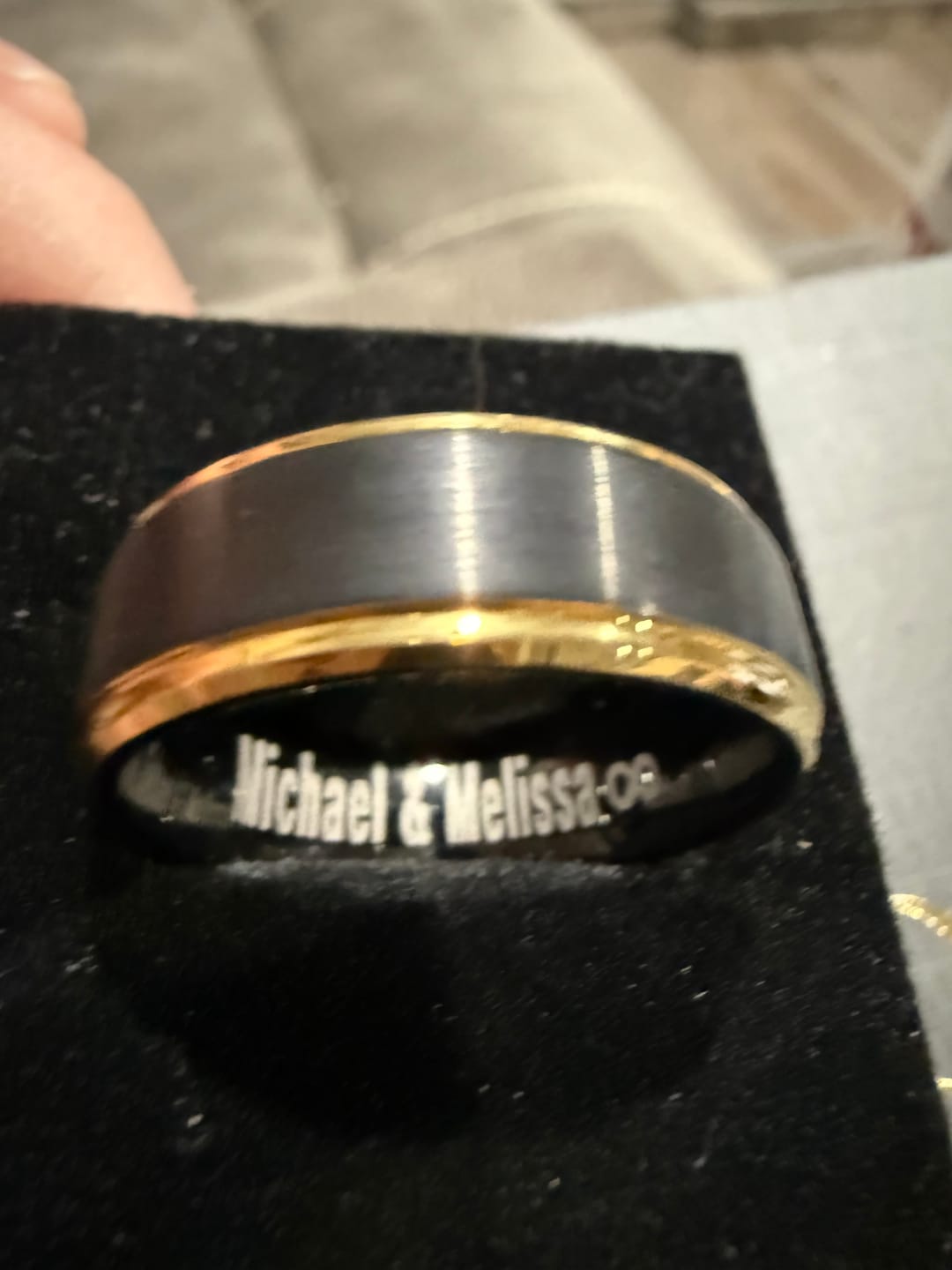 Customer photo review of 8mm - Tungsten Black & Gold Wedding Band, Stepped Edges, Brushed Ring