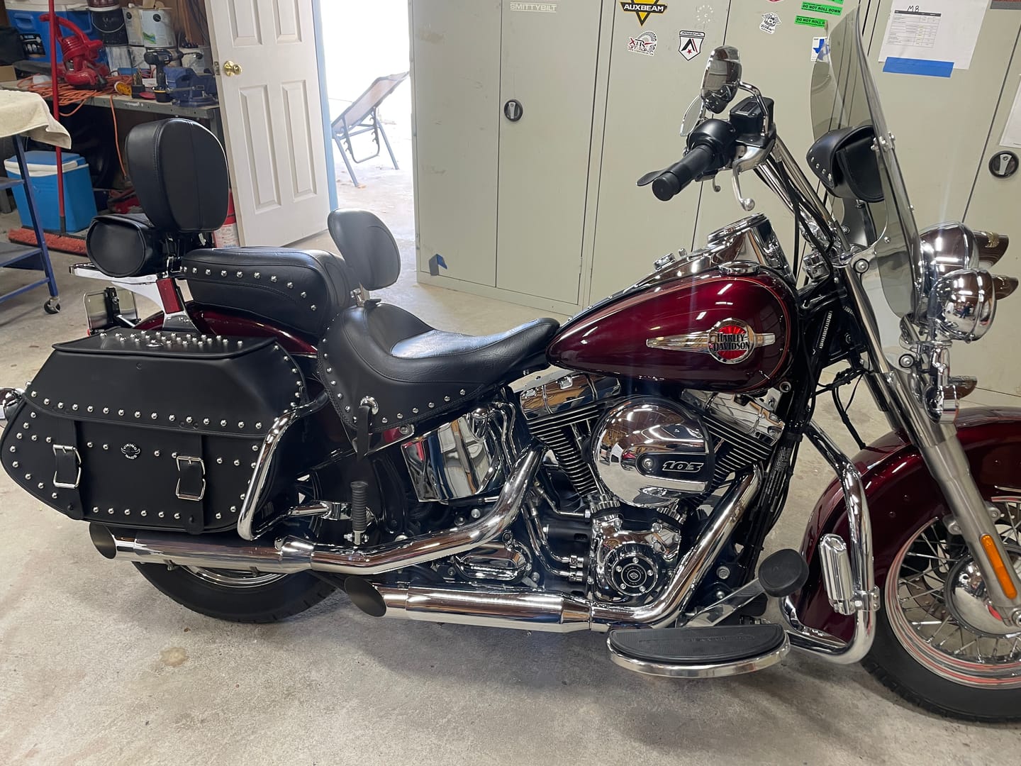 Customer photo review of 35L - Legacy Extra Large Studded Leather Motorcycle Saddlebags for Harley Softail Heritage FLSTC/I