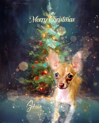 Customer's custom 'Furry Christmas' pet portrait. This beautiful watercolor shows their chihuahua Josie by a Christmas tree.