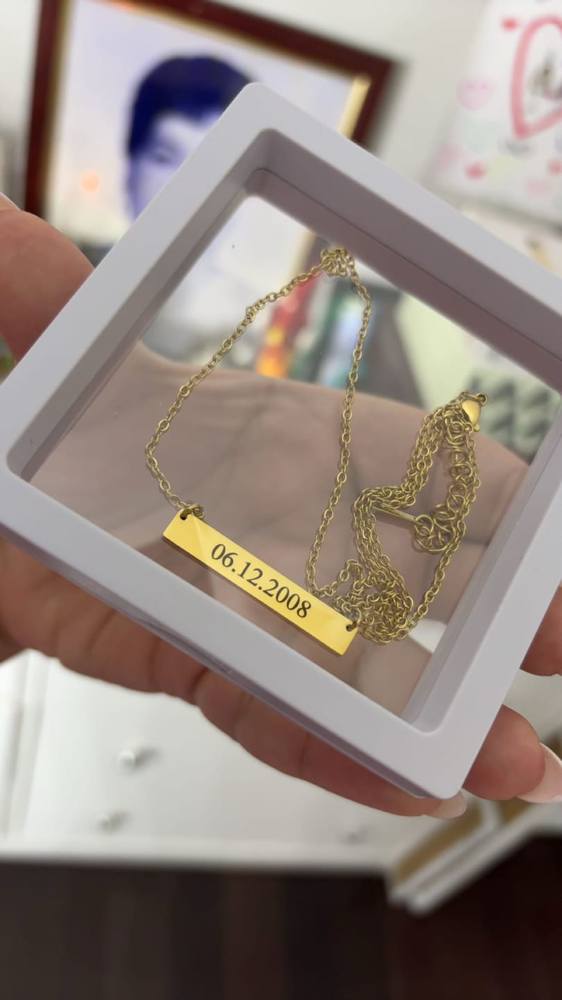 Customer photo review of Engraved Bar Necklace