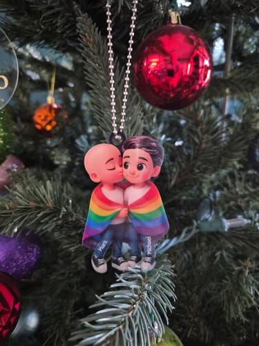 Customer photo review of Pride Month LGBT Couple Love Is Love Personalized Acrylic Christmas Ornament