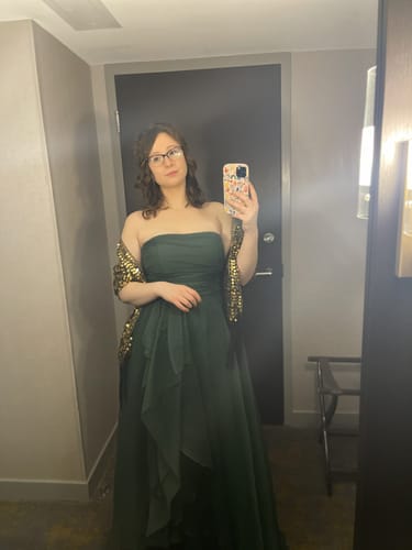 Customer photo review of Teresa Organza Gown in Green by Theia Couture - RENTAL