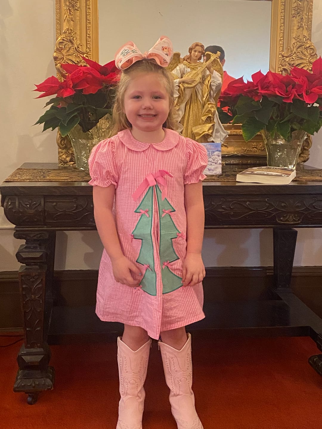 Customer photo review of Christmas Tree Bows Pink Gingham Front Pleat Dress