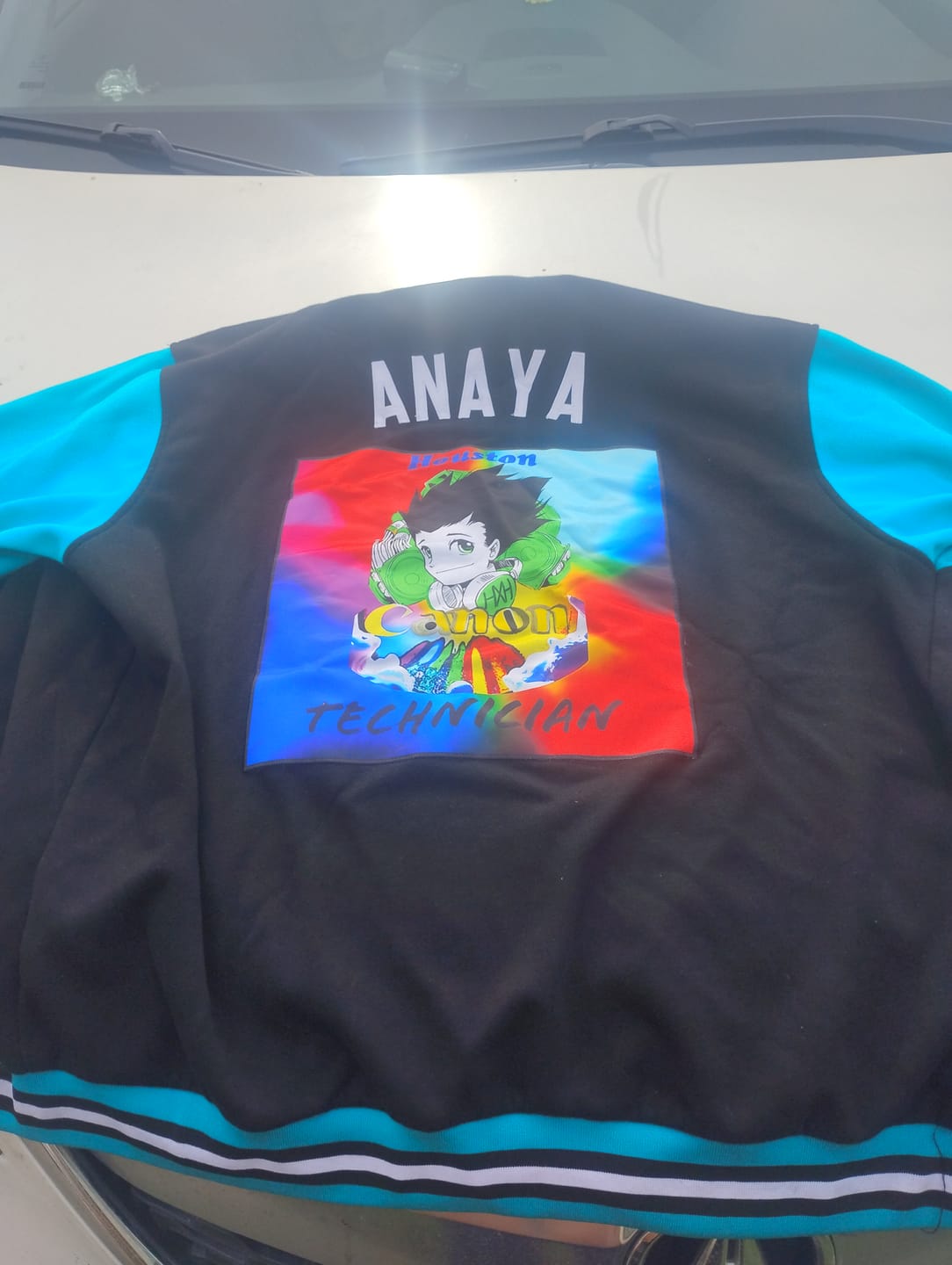 Customer photo review of Custom Black Aqua-White Raglan Sleeves Varsity Full-Snap Letterman Jacket