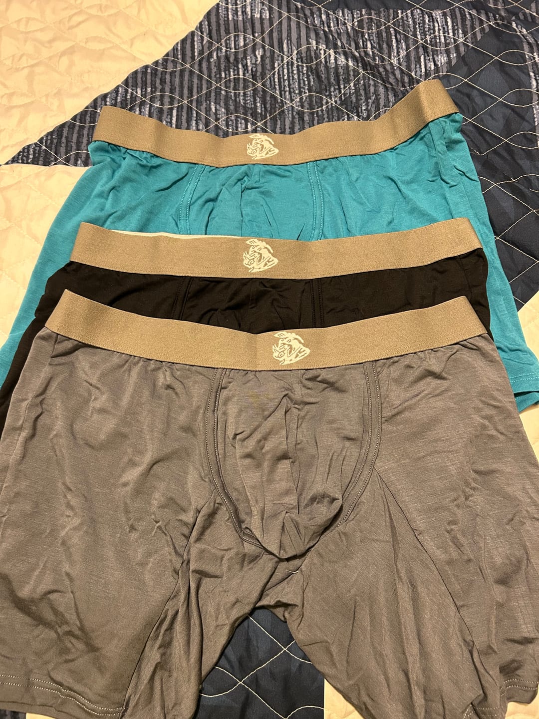 Customer photo review of Nylon 9in Boxer Briefs No Fly 4pk Black/Dark Blue/Gray/Light Blue