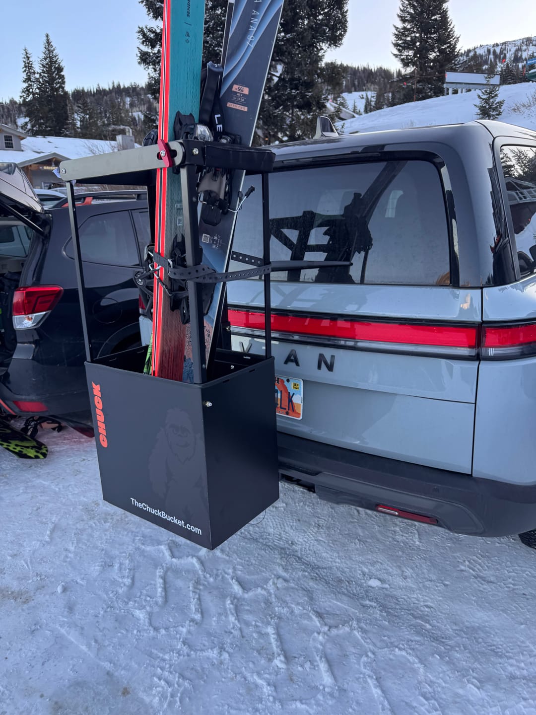 Customer photo review of Chuck Bucket Hitch-Mounted Ski & Snowboard Carrier