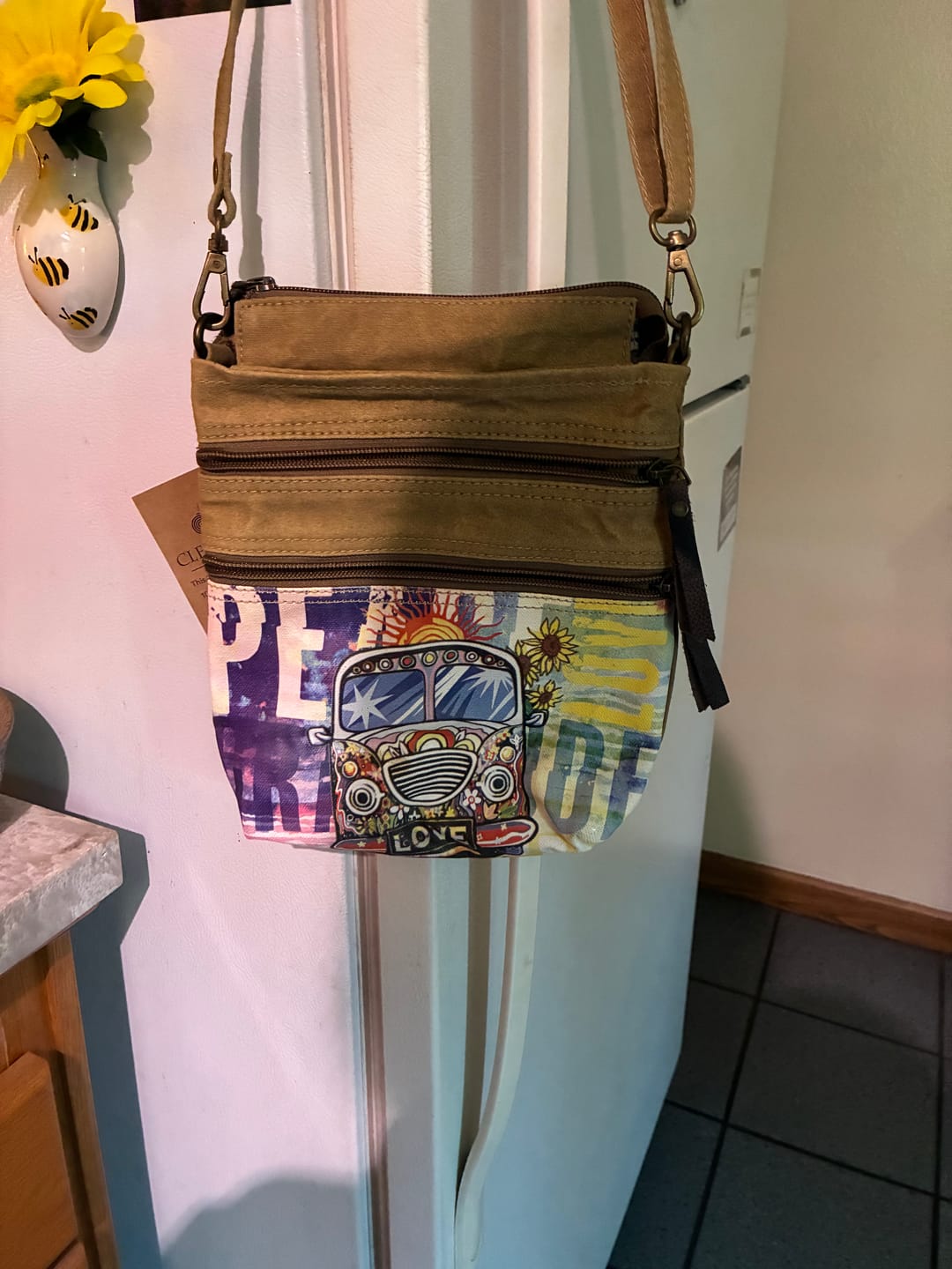 Customer photo review of Peace Love Bus Crossbody Bag
