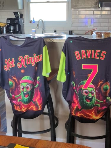 Customer photo review of Custom Blue Hot Pink-Neon Green 3D Funny Pickleball Paddles Balls Performance T-Shirt