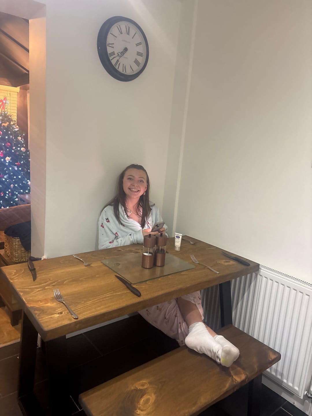 Customer photo review of Industrial Dining Table with Trapezium Leg - Smoked Oak