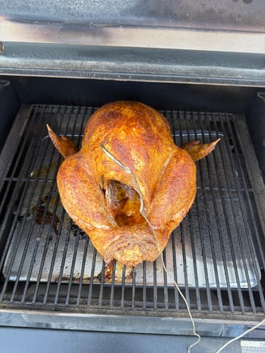 Customer's roasted turkey prepared with the Turkey Brine Kit, sitting golden-brown on a grill with a meat thermometer inserted.