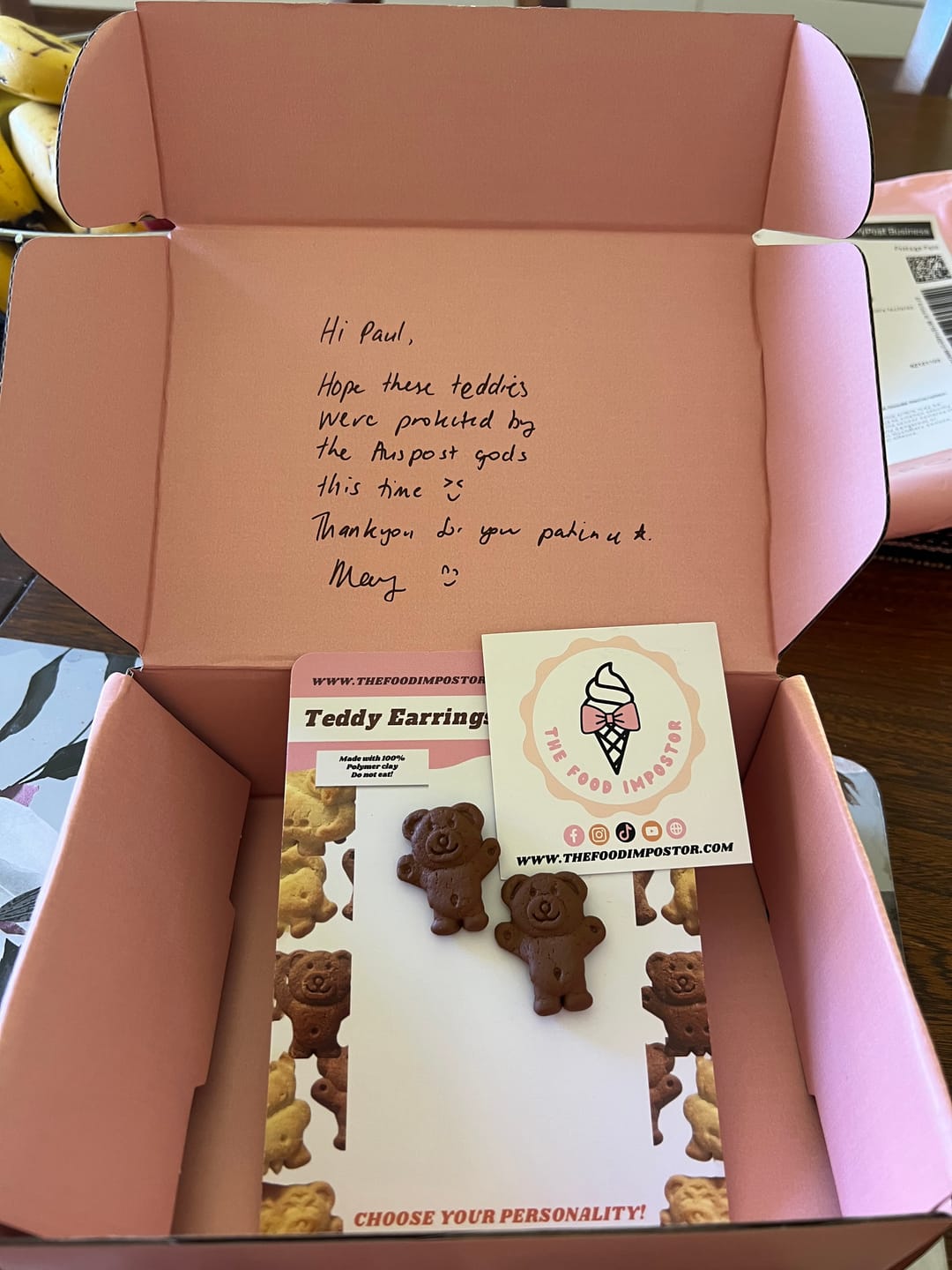 Customer photo review of Happy Tiny Teddy choc studs (actual size)