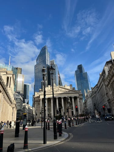 Customer's view of The Royal Exchange in London during the self-guided murder mystery tour.
