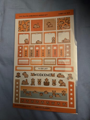 Customer's photo of the Autumn Capybaras Hobonichi Weeks sticker kit, featuring orange and brown planner stickers.