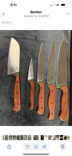 Customer's set of five custom knives with wooden handles, crafted using the EdgeCore Ceramic Grinding Belts.