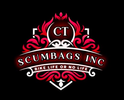 Customer's custom vinyl sticker showing a detailed logo for 'Scumbags Inc' in red and white.