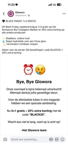 Recensent deelt screenshot van een advertentie met een verwarrende aanbieding voor het Bio-Collageen Masker.