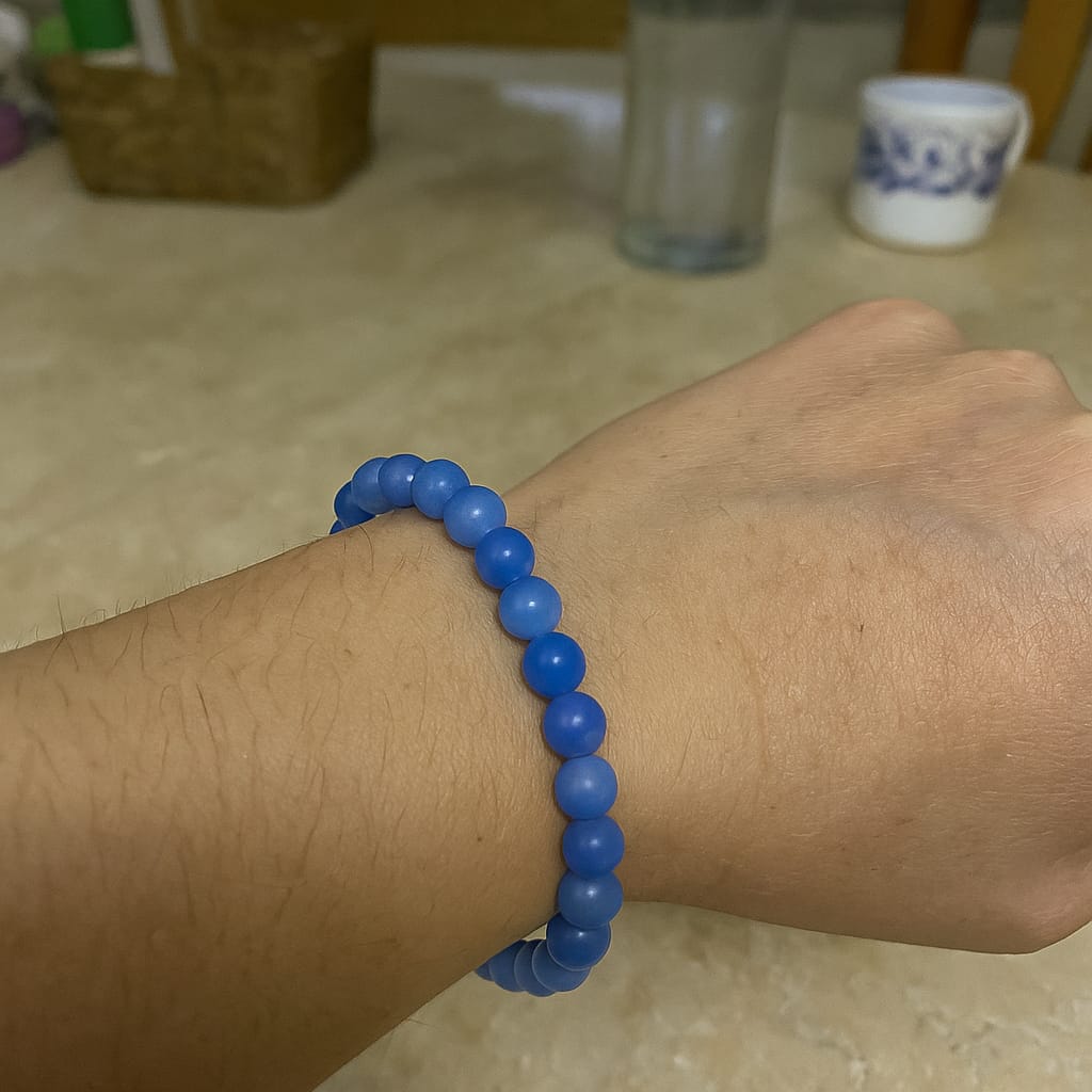 Customer photo review of Premium Natural Aquamarine 8mm Bead Bracelet for Calm & Confidence – Vastu Mandir