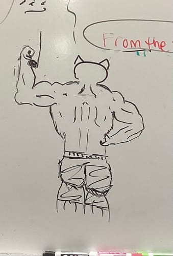 Reviewer's whiteboard drawing of a muscular figure wearing the baggy snow pants.