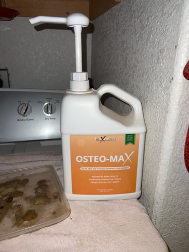 Reviewer's large white jug of Osteo-MAX with a pump dispenser on a counter.